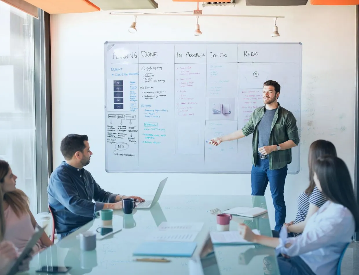 office meeting with presenter speaking in front of whiteboard