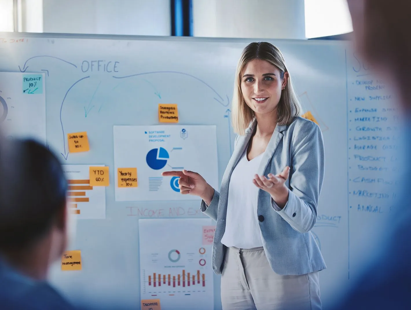 confident female speaker with whiteboard background